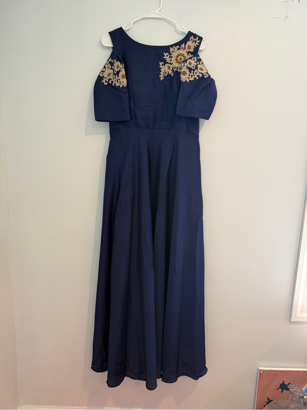Elegant Navy Blue Indian Gown with Gold Embroidery – Cold Shoulder Design